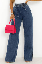 Load image into Gallery viewer, Dark Blue Drawstring Elastic Waist Wide Leg Jeans
