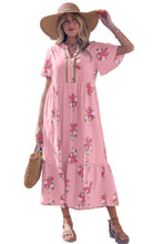 Cargar imagen en el visor de la galería, Pink Notched Neck Flutter Short Sleeve Floral Print Maxi Dress
