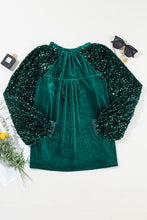 Load image into Gallery viewer, Evergreen Sequin Patchwork Sleeve Button Up Velvet Top
