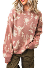Cargar imagen en el visor de la galería, Peach Blossom Western Print Drop Shoulder Round Neck Long Sleeve Sweater
