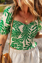 Cargar imagen en el visor de la galería, Dark Green Tropical Leaf Print Smocked Crop Top
