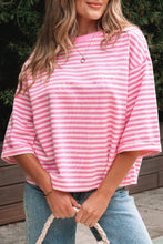 Cargar imagen en el visor de la galería, Pink Stripe Bowknot Cutout Back Drop Shoulder Wide Bracelet Sleeve Loose Tee
