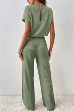 Cargar imagen en el visor de la galería, Grass Green Solid Color Ribbed Short Sleeve Wide Leg Jumpsuit
