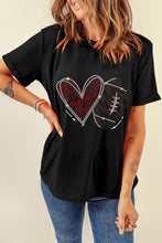 Cargar imagen en el visor de la galería, Black Rhinestone Rugby Football Heart Shape Graphic T Shirt
