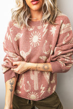 Cargar imagen en el visor de la galería, Peach Blossom Western Print Drop Shoulder Round Neck Long Sleeve Sweater
