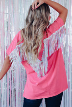 Cargar imagen en el visor de la galería, Rose Red Sequined Fringe Wing High-low Hem T-shirt
