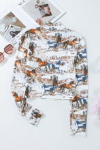 Load image into Gallery viewer, Brown Western Wild Horses Print Hollow-out High Neck Top
