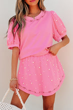 Load image into Gallery viewer, Pink Contrast Bow Trim Pearl Puff Sleeve Blouse and Skort 2pcs Set
