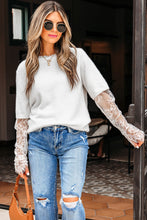 Load image into Gallery viewer, Beige Lace Sleeve Patchwork Faux Two-piece Fuzzy Sweater
