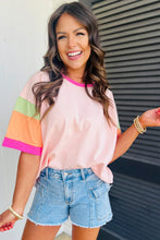 Cargar imagen en el visor de la galería, Pink Color Block Stitching Sleeve Round Neck Oversize Top
