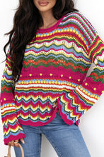 Cargar imagen en el visor de la galería, Rose Red Colorblock Striped Hollowed Knit Loose Sleeve Sweater
