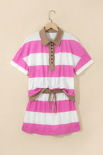 Cargar imagen en el visor de la galería, Rose Stripe Colorblock Trim Polo Tee Drawstring Mini Skort 2pcs Set
