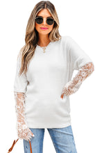 Load image into Gallery viewer, Beige Lace Sleeve Patchwork Faux Two-piece Fuzzy Sweater
