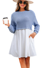 Load image into Gallery viewer, Sky Blue Stripe Patchwork Pleated High Waist Loose Mini Dress
