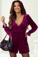 Load image into Gallery viewer, Red Dahlia Velvet Surplice Neck Ruffled Sleeve High Waist Romper
