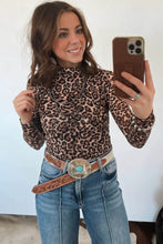 Load image into Gallery viewer, Khaki Leopard High Neck Long Sleeve Western Slim Top
