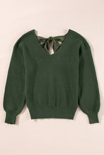 Load image into Gallery viewer, Jungle Green Lantern Sleeve V Neck Knot Back Sweater
