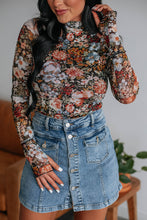 Load image into Gallery viewer, Brown Floral Long Sleeve High Neck Sheath Mesh Blouse
