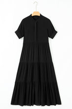 Load image into Gallery viewer, Black Hidden Buttons Short Sleeve Ruffle Tiered Long Flared Dress
