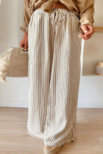 Load image into Gallery viewer, Khaki Stripe Plus Size Drawstring High Waist Wide Leg Pants
