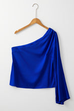 Load image into Gallery viewer, Dark Blue Asymmetric One Shoulder Bell Sleeve Satin Blouse
