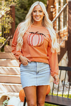 Load image into Gallery viewer, Orange Sequined Pumpkin Ribbed Round Neck Halloween Sweatshirt
