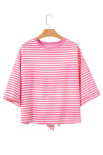 Cargar imagen en el visor de la galería, Pink Stripe Bowknot Cutout Back Drop Shoulder Wide Bracelet Sleeve Loose Tee
