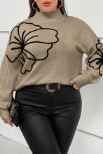 Cargar imagen en el visor de la galería, Dark Khaki Plus Size Big Flower Pattern High Neck Drop Shoulder Sweater
