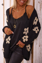 Cargar imagen en el visor de la galería, Black Floral Print Knitted Open Front Loose Cardigan
