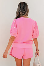 Load image into Gallery viewer, Pink Contrast Bow Trim Pearl Puff Sleeve Blouse and Skort 2pcs Set
