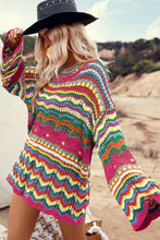 Cargar imagen en el visor de la galería, Rose Red Colorblock Striped Hollowed Knit Loose Sleeve Sweater
