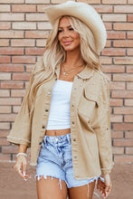 Cargar imagen en el visor de la galería, Khaki Pearl Beaded Raw Hem Button Up Denim Jacket
