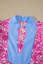 Load image into Gallery viewer, Pink Floral Print Color Block Patchwork V Neck Short Sleeve Midi Dress
