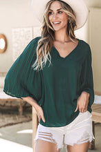 Load image into Gallery viewer, Blackish Green 3/4 Pleated Bell Sleeve V Neck Blouse
