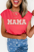 Load image into Gallery viewer, Red Stripe MAMA Graphic Cap Sleeve T Shirt
