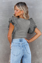 Cargar imagen en el visor de la galería, Gray Dotty Mesh Ruffle Sleeve Ribbed Knit Top
