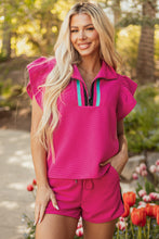 Load image into Gallery viewer, Strawberry Pink Striped Detail Flutter Sleeve Zipped Collar Short Set
