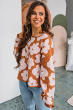 Cargar imagen en el visor de la galería, Brown Floral Pattern Crew Neck Long Sleeve Loose Sweater
