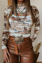 Cargar imagen en el visor de la galería, Brown Western Wild Horses Print Hollow-out High Neck Top
