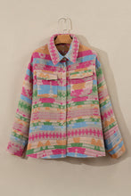 Load image into Gallery viewer, Pink Plus Size Aztec Printed Flap Pocket Shacket
