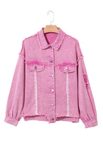 Load image into Gallery viewer, Pink Lace Patchwork Distressed Buttoned Denim Jacket
