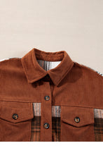 Cargar imagen en el visor de la galería, Cinnamon Plaid Corduroy Patchwork Chest Pocket Shacket
