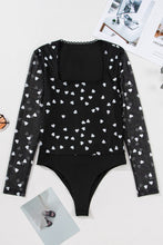 Load image into Gallery viewer, Black Heart Shape Mesh Patchwork Square Neck Bodysuit
