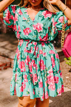 Load image into Gallery viewer, Green Floral Bubble Sleeve Surplice Ruffled Plus Size Dress
