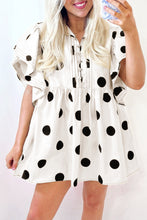 Load image into Gallery viewer, White Polka Dot Print Half Button Ruffled Short Sleeve Loose Mini Dress
