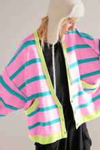 Load image into Gallery viewer, Pink Stripe Colorblock Drop Shoulder Buttoned Loose Cardigan
