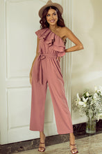 Load image into Gallery viewer, Dusty Pink One Shoulder Ruffle Trim Belted Jumpsuit
