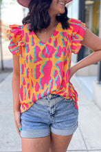 Cargar imagen en el visor de la galería, Orange Abstract Print V Neck Ruffled Sleeve Blouse
