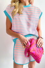 Load image into Gallery viewer, Pink Stripe Color Block Loose Fit Two Piece Shorts Set
