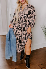 Cargar imagen en el visor de la galería, Black Plus Size Floral Printed Puff Sleeve Collared Maxi Dress
